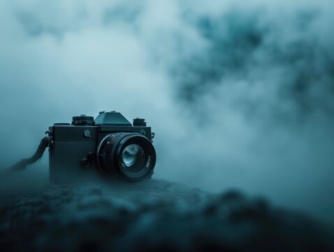 Vintage Camera Poised in Ethereal Mist: An Artistic Still Life in Moody Monochrome Tones