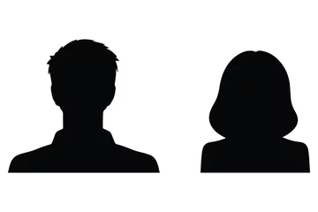 Tuinposter A vector illustration depicting male and female face silhouettes or icons, serving as avatars or profiles for unknown or anonymous individuals. The illustration portrays a man and a woman portrait. © Meduza