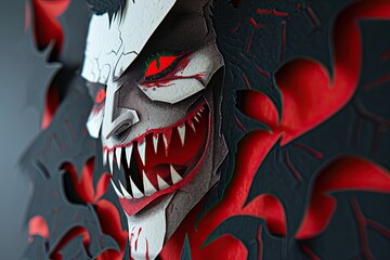 Obraz premium A close-up of a vampire face with sharp fangs and blood red eyes Halloween art design vampire fangs