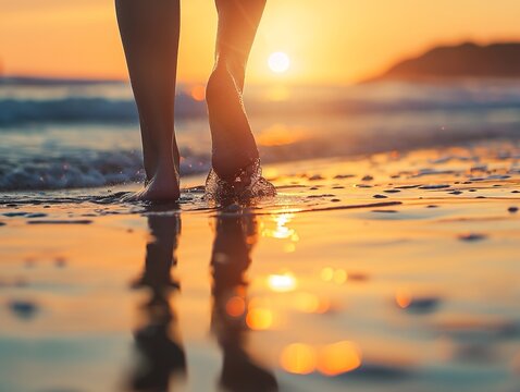 Woman's feet in sand next to the sea at sunset.