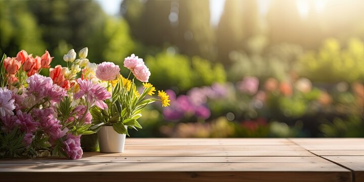 Morning garden flower background with a wooden table top is ideal for displaying products or creating visual layouts. High-quality photo.
