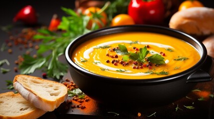 Autumn healthy vegetarian meal pumpkin cream soup with herbs and vegetables, thanksgiving food background