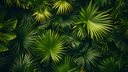 A lush and diverse group of green leaves, featuring various types of palm trees such as the sabal palmetto and saw palmetto, showcases the natural beauty and serenity of outdoor landscapes - obrazy, fototapety, plakaty
