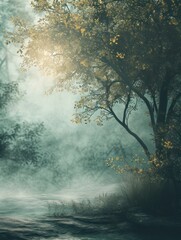Enchanted Forest Scene: Misty Riverbank with Golden Leaves in Twilight Hues