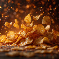 Potato chips falling in dramatic lighti