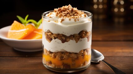 A visually appealing photograph showcasing a carrot cake parfait, artfully layered in a tall glass. The alternating layers of crumbled carrot cake, velvety cream cheese filling, and finely
