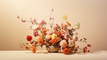 Colorful flower arrangements with shadow on a beige col 0ba, generative ai - obrazy, fototapety, plakaty