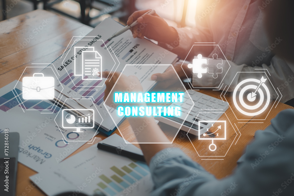 Poster management consulting concept, business team analyzing income charts and graphs on business paper wi