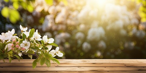 Sunlights and blossoms in front of a wooden table in a spring apple garden.