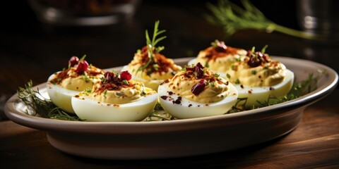 These deviled eggs take inspiration from the Mediterranean cuisine. The creamy filling is infused with sundried tomatoes, providing a burst of intense and slightly sweet tomato flavor. Sprinkled - obrazy, fototapety, plakaty