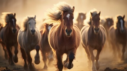 The wind whips through their manes, their muscles rippling under their sleek coats, as the herd of horses race freely on the sprawling farm, a symbol of untamed beauty and strength.