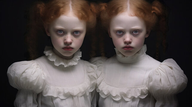 The image depicts identical twins with red hair and wearing white dresses. They are standing in front of a black background and have angry expressions on their faces. Horror movie siblings.