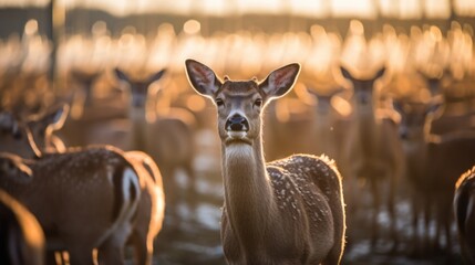 Seemingly endless rows of specialized enclosures containing hundreds of deer, bred and raised for their prized venison in a massive farming operation. - obrazy, fototapety, plakaty