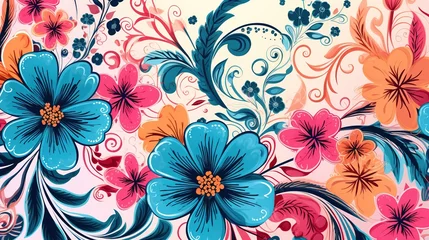 Rolgordijnen pink blue and orange vector flowers bunches with seamle,  generative ai © irvan