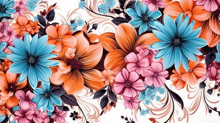 pink blue and orange vector flowers bunches with seamle,  generative ai