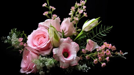 Pink rose and eustoma flowers in a corner floral arrang, generative ai