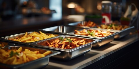 Hotel restaurant serves breakfast with warm buffet containers and potato sticks. - obrazy, fototapety, plakaty