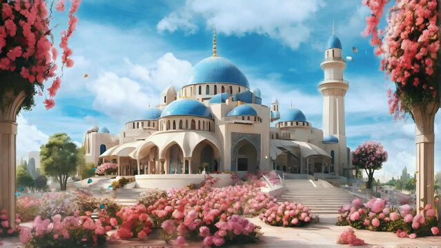 Islamic animation with beautiful grand mosque architecture and flowers with butterflies flying in the garden against the backdrop of the daytime sky. seamless looping 4k video animation background.