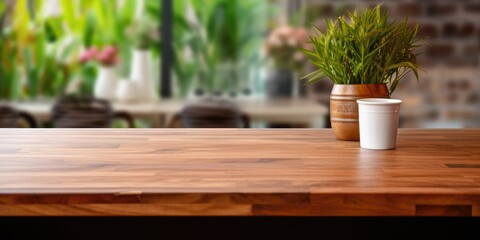 Wooden table for product display in kitchen, shop, store, cafe and restaurant.