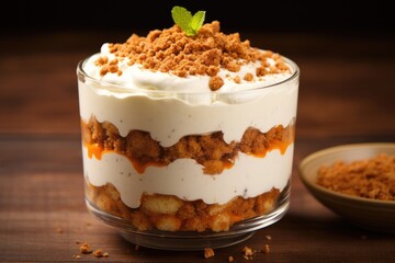A visually appealing shot featuring a delectable carrot cake trifle. Layers of fluffy carrot cake crumbs alternate with velvety smooth layers of cream cheese mousse, creating a visually