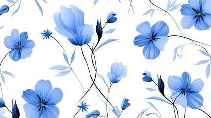 seamless pattern with blue flowers_and bud on white bac, generative ai - obrazy, fototapety, plakaty