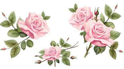 Naklejka premium Spring sakura cherry blooming flowers bouquet. Isolated realistic pink petals, blossom, branches, leaves vector set. Design spring tree illustration,generative ai