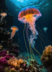 Fototapeta na wymiar 水に浮かぶ美しいクラゲ、海｜Beautiful jellyfish floating in the water, sea. Generative AI