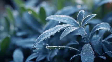 Frost on the plant close up of water droplets on a nat Ai Generative
