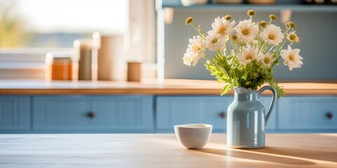 Fototapeta na wymiar Scandinavian-style kitchen with wooden blue table and flower pot in morning light.