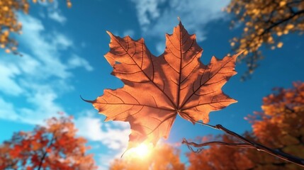 Naklejka na ściany i meble Maple leaf Autumn Fall forest background blue sky land Ai Generative