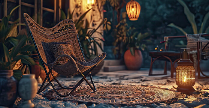of  boho porch exterior at dusk with chair and rug with no people