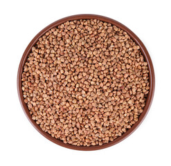Raw buckwheat in bowl isolated on white, top view