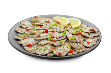 Tasty pickled anchovies with spices and lemon isolated on white