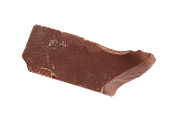 Piece of tasty milk chocolate isolated on white, top view