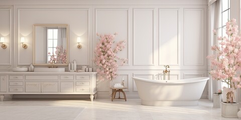 Modern luxury bathroom with a white wall adorned with a flower stucco decoration.