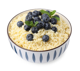 Bowl of tasty couscous with blueberries and mint isolated on white