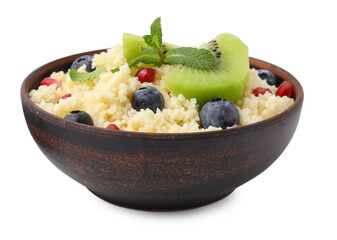 Bowl of tasty couscous with kiwi, blueberries and pomegranate isolated on white