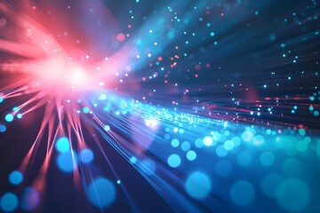 Fototapeta na wymiar Close-up of glowing fiber optic transmission, symbolizing high-speed internet connectivity