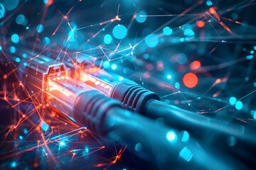 Close-up of glowing fiber optic transmission, symbolizing high-speed internet connectivity - obrazy, fototapety, plakaty
