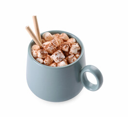 Cup of aromatic hot chocolate with marshmallows and cocoa powder isolated on white