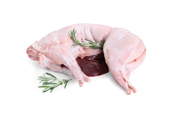 Whole raw rabbit, liver and rosemary isolated on white