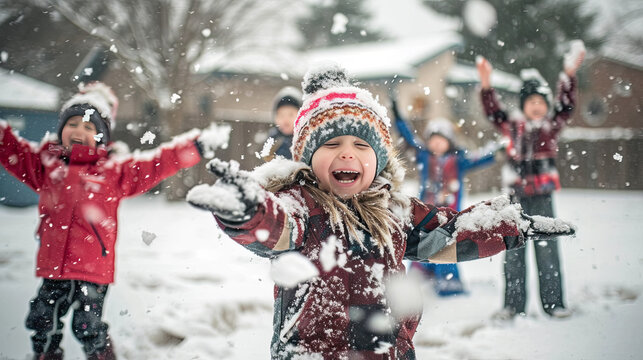 group of happy kids playing in snow on snow day
