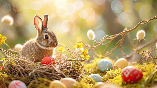 cute bunny rabbit in a field of grass with painted easter eggs in soft sunlight