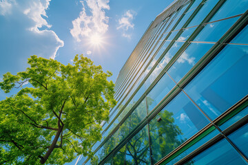  a eco-friendly modern glass office building seamlessly blends with nature. green energy and environment sustainability concept. 