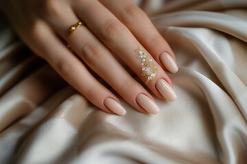 Close-up shot of a female hand resting on a plush velvet cushion, showcasing a flawless nude gel manicure with delicate nail art
