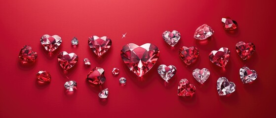 Crystal hearts on red background