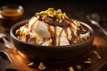 A visually appealing image showcases a rustic wooden bowl filled with thick Greek yogurt, topped with a swirl of rich caramel sauce and a tering of crushed pistachios, adding a delightful