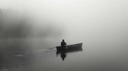A man boating in foggy and cold weather