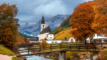 Famous church in the middle of Alp mountains at Ramsau village near Berchtesgaden, Germany.