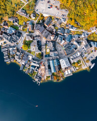 Fototapeta premium Aerial view of beautiful Hallstatt town and Hallstattersee in Austria, UNESCO world heritage site.